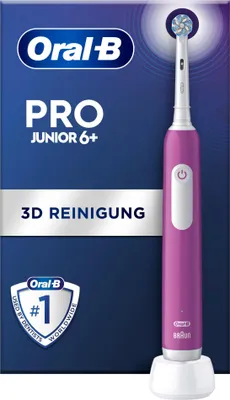 Produktbild von Oral-B Zahnbürste Pro Junior Purple (Integrierter Drucksensor und 2-Minuten Timer, für Kinder ab 6 Jahren, 3 Putzprogramme, Lieferumfang: 1 Handstück, 1 Aufsteckbürste, 1 Ladestation)