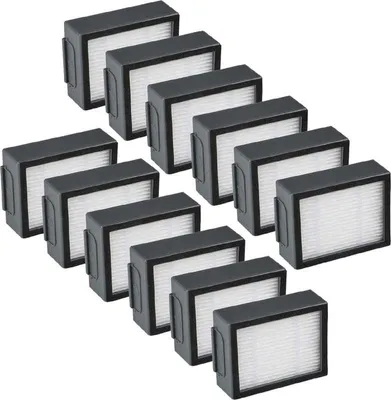 A collection of vacuum cleaner filters arranged in a staggered pattern.