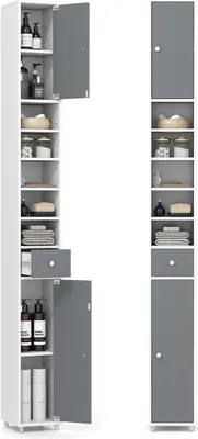 Zdjęcie produktu dla Wysoka szafka łazienkowa, 20 x 20 x 180 cm, wąska szafka łazienkowa z szufladą, 2 drzwiczkami i 5 otwartymi półkami, szafka łazienkowa (szary + biały)