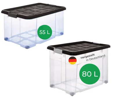 Produktbild von Novaliv 2 tlg Sparset Aufbewahrungsboxen mit Deckel Anthrazit 1x80 L + 1x 55L Nestbar stapelbar Clipverschluss Rollboxen BPA-frei