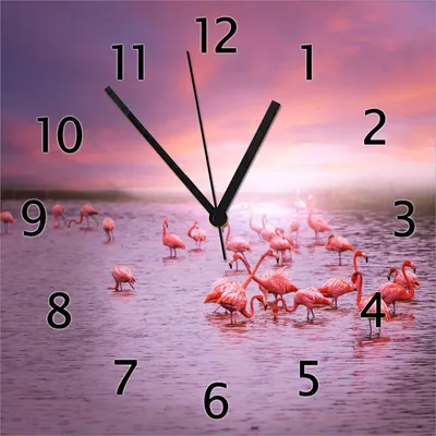 Produktbild von Wallario Design Wanduhr Rosa Flamingos bei Sonnenuntergang aus Echtglas, Größe 30 x 30 cm