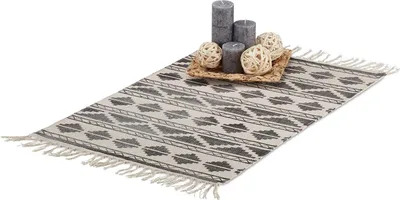 Produktbild von Relaxdays Teppichläufer mit Muster für Flur, Diele, Wohnzimmer, weicher Kurzflor Teppich klein in 60 x 90 cm, schwarz