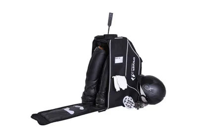 A black riding boot bag with boots, a helmet, and other accessories laid out on a white background.