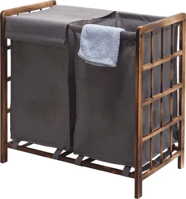 Produktbild von Wäschesammler HWC-B60, Laundry Wäschebox Wäschekorb, Massiv-Holz 2 Fächer 60x60x33cm 68l braun, Bezug grau