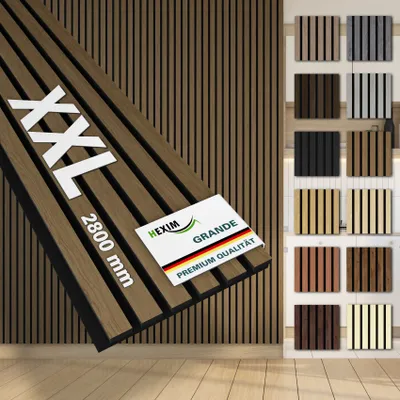 Produktbild von HEXIM Akustikpaneele 280x30cm Holz Grande - XXL Wandpaneele Platten Lamellen Holzpaneele Echtholzfurnier 21mm Filz Schalldämmung MDF Braun (0,85m² Smoked Oak)