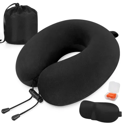 Imagen del producto de Almohada para el cuello de espuma viscoelástica, ergonómica, con antifaz y tapones para los oídos, tamaño de viaje, ideal para llevar de viaje