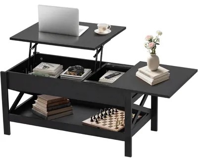 Immagine prodotto di Tavolino da caffè regolabile in altezza, tavolo da soggiorno con spazio contenitivo, colore nero, materiale legno