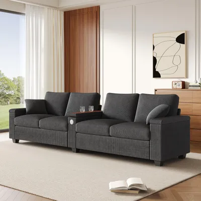 Produktbild von okwish Modernes Loungesofa 4-Sitzer Chaiselongue mit klappbarer Armlehne,Relaxsofa Sitzgruppe mit USB- und USB-C-Ladeanschlüssen,grau