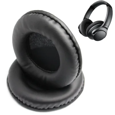 A close-up of black headphone ear pads with a small image of black headphones in the upper right corner.