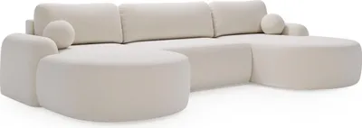 Obrázek produktu pro BETTSO Elegantní bílá rohová pohovka U CLOUDY v látce z jehněčí kůže se zaoblenými boky a dekorativními kulovitými polštáři