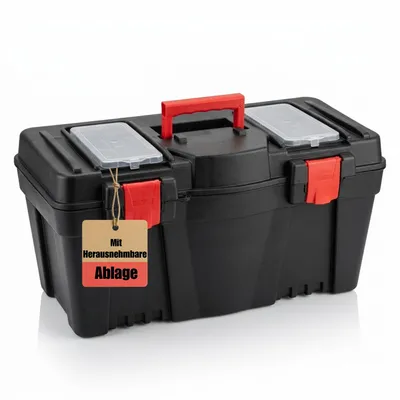 Produktbild von XL Werkzeugkiste leer 60x28x32cm mit herausnehmbarer Trage und 2 Deckelfächer für schnellen Zugang