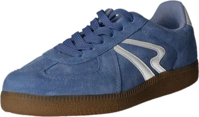 A single blue sneaker with white accents and a brown sole is shown against a white background.