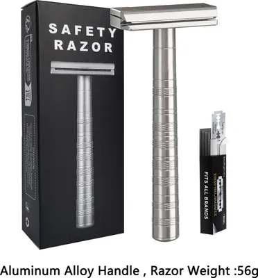 Image de INF Rasoir de sûreté à double tranchant en acier inoxydable, manche en aluminium et 5 lames Argent
