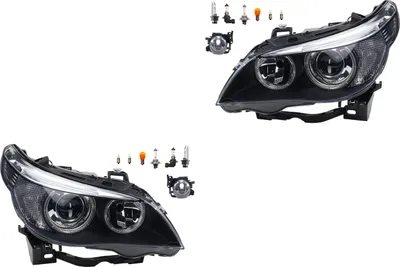 Zdjęcie produktu dla Komplet reflektorów pasujący do BMW serii 5 (E60, E61) produkowanych w latach 01/05-03/07, wyposażonych w światła ksenonowe, przeciwmgielne i oświetlenie mijania. Numery części: 63177897187, 7897187, 63177897188, 7897188, 63127160193, 63127160193. Producent: Johns