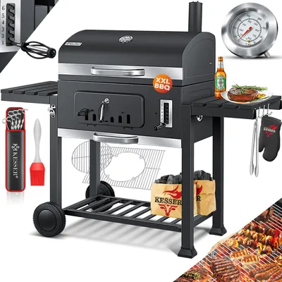 Produktbild von KESSER® Grill Grillwagen XXL Holzkohlegrill mit Deckel, Rädern, Edelstahl-Griff, Grillrost und Thermometer Holzkohle kohlegrill Wagen groß Kohle BBQ Barbeque Camping, Terrasse, Garten