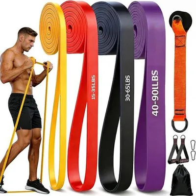 Produktbild von Fitnessbänder, Widerstandsband-Set mit Türanker, Schutzpad und 2 Griffen für Krafttraining, Yoga, Pilates, Muskelaufbau, in 5 Farben