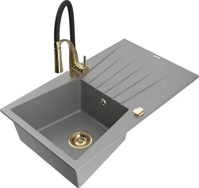 Produktbild von Mexen Cesar 1 Becken-Granitspüle mit Abtropffläche und Mischbatterie Aster, Grau - 6514-71-73450-57-G