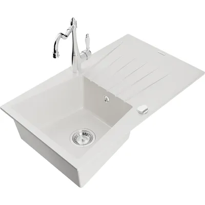 Obrázek produktu pro Mexen Cesar 1-miskový granitový dřez s odkapávačem a kuchyňskou baterií Carla, Bílá - 6514-20-670700-00
