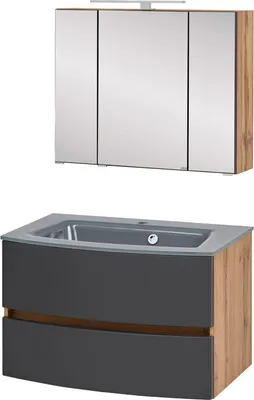Produktbild von Waschtisch-Set Badezimmer Bad-Set "Kopenhagen II" Wotaneiche, Matt Grau