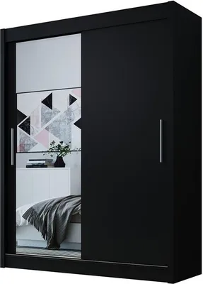 Produktbild von Easy4You D1 150 cm Schwarz Schiebetüren Kleiderschrank 150x200x58 cm mit Spiegel - Schlafzimmermöbel, Aufbewahrung - Mehrzweckschrank
