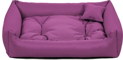 A purple dog bed with a small pillow on a white background.