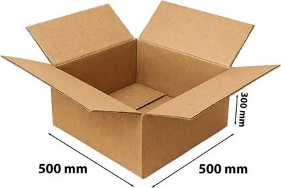 An open, empty cardboard box with dimensions indicated.