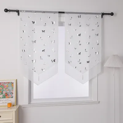 Produktbild von Scheibengardine halbtransparent Bistrogardine mit Schmetterlingsmuster Voile Küche Gardine BxL 60x90 cm Silber 1 Stück