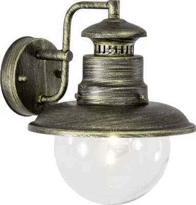 A rustic-style outdoor wall lamp with a black and gold brushed finish and a clear glass globe.