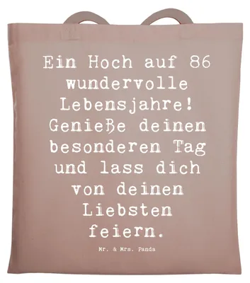 Produktbild von Mr. & Mrs. Panda Tote Bag Spruch 86. Geburtstag - Braun Pastell - Geschenk, Jubiläum, Geburtstagsspruch, Schultasche, Ehrentag, Happy Birthday, Tasche, Stoffbeutel