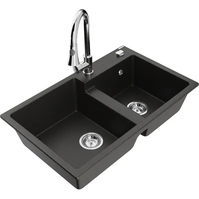 Obrázek produktu pro Mexen Tomas 2-miskový granitový dřez s kuchyňskou baterií Elia, Černá/Zlatá kovová - 6516-75-670101-00