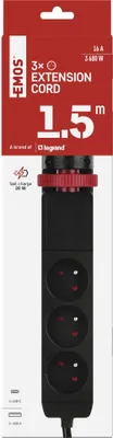 Prodlužovací kabel 1,5 m/3 zásuvky/vypínač/uchycení na stůl/USB/černý/PVC/1,5 mm2 