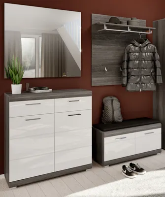 Produktbild von Garderobe Set 4-teilig "Shawn" weiß Hochglanz und Rauchsilber grau