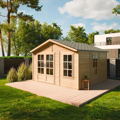 Image de TIMBELA M735A Abri de Jardin en Bois 370 x 360 cm, Cabanon Extérieur avec 3 Fenêtres en Verre Trempé, Portes Doubles Vitrées, Bardeaux Bitumés, Grande Cabane sans Plancher