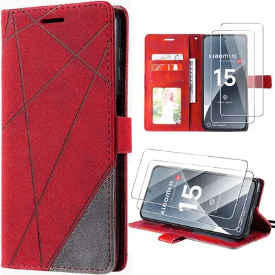 Image de Coque avec 2 Verres Trempés pour Xiaomi 15, Anti-Rayures Protection 360 Degré Antichoc CuirPolyuréthanePortefeuille - Rouge