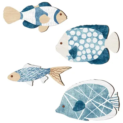 Holz-Fisch-Wanddeko, Set mit 4, Ozeanmotiv, Küstenstil