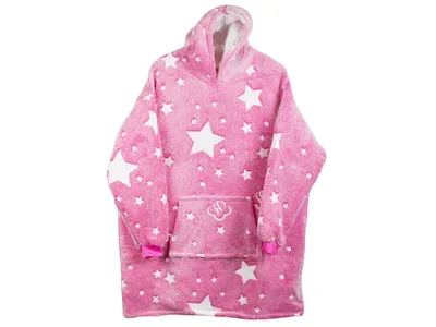 A pink hoodie with white stars printed on it, displayed against a white background.