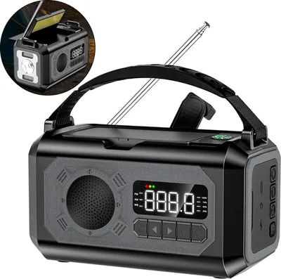 Produktbild von tragbares am/fm handkurbel radio, 12000mAh solar akku, notfall powerbank, 7-in-1 multifunktion, taschenlampe, led leselampe, sos signal