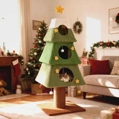 Produktbild von Kratzbaum Weihnachten, 162 cm Katzenbaum mit 3 Höhlen, Kratzsäule, 19 cm dickem Stamm, Hängebällen, Katzenkratzbaum Weihnachtsbaum, Kletterbaum für Katzen