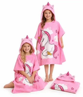 Immagine prodotto di Poncho mare con cappuccio per bambini - Unicorno Rosa, 150 cm, productTiles.product.images.aiGenerated