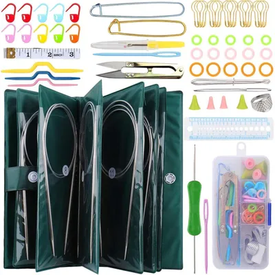 Produktbild von Rundstricknadel Set 11-teilig 80cm Edelstahl 1,5-5,0 mm mit 57 Strickzubehör