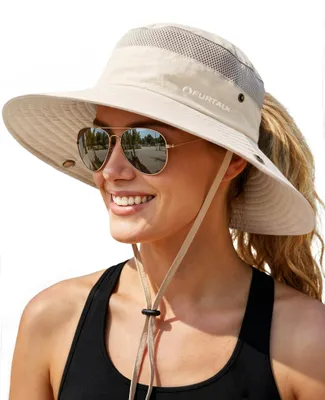 Produktbild von Sonnenhut für Damen, Pferdeschwanzloch, breite Krempe, UV-Schutz, faltbar, beige, Einheitsgröße, für Strand