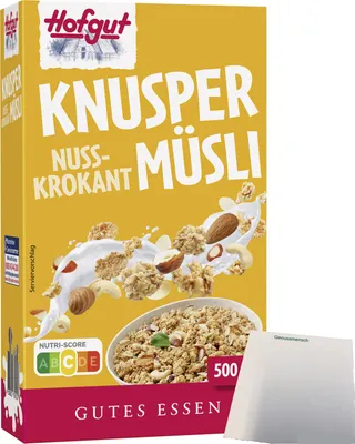 Produktbild von Hofgut Müsli Knusper Nuss Krokant (500g Packung) + usy Block