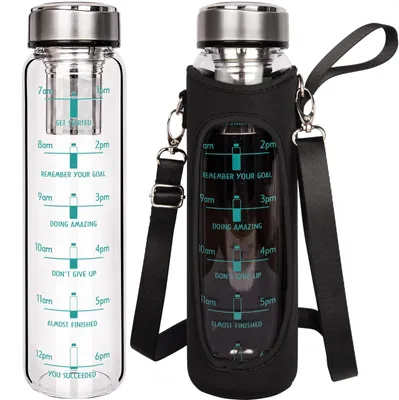 Glaswasserflasche 1 L mit Zeitmarkierungen und Edelstahl-Infuser