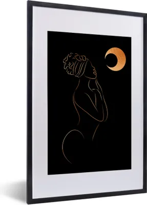 Produktbild von MuchoWow® Gerahmtes Poster Frau - Mond - Gold - Strichzeichnung 40x60 cm - Poster mit Schwarzem Bilderrahmen Wandposter Rahmen Foto Bilder - Poster in Rahmen
