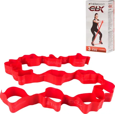 A red TheraBand CLX fitness band is shown laid out in loops, with its packaging in the background.