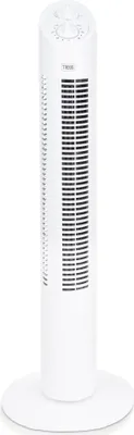 A white tower fan on a white circular base against a white background.