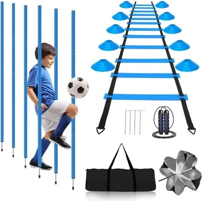Obrázok produktu pre Futbalová tréningová súprava 6 slalomových tyčí, koordinačný rebrík 6 m, 12 kužeľov, švihadlo, padák, pre