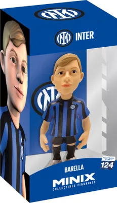 A collectible figurine of a soccer player, Nicolo Barella, in his Inter Milan uniform, presented in its retail packaging.