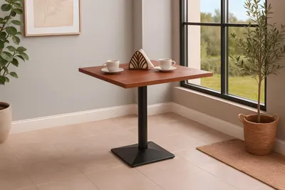 Produktbild von Bistrotisch Brasileiro | 75 x 75 cm | Akazienholz massiv | Farbe: Nussbaum | Gerade Kante | Schwarzes Metall-Säulenfuß | Kleiner Esstisch/Säulentisch für Küche, Café & Esszimmer