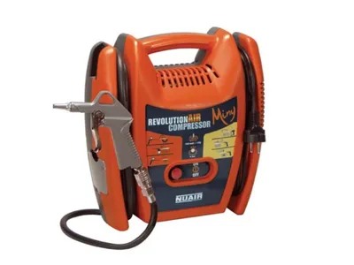 An orange and blue portable air compressor with an attached air gun, shown against a white background.